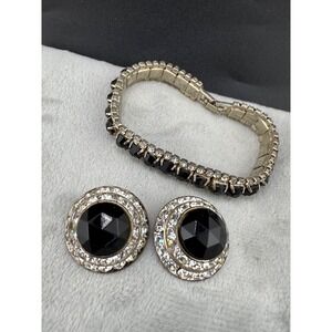 Vintage Black Rhinestone Bracelet Clip On Earrings Set 7"